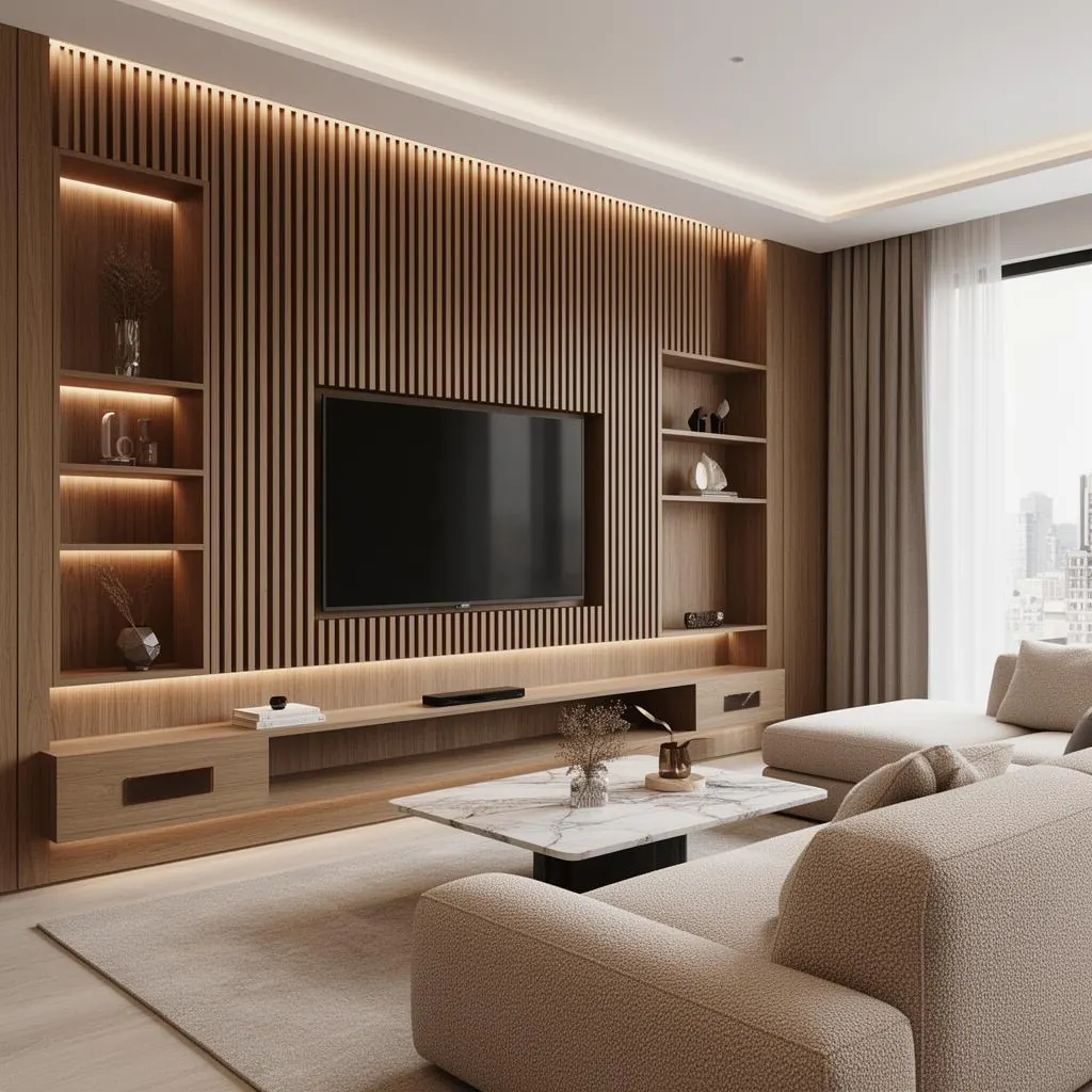 Sala com painel ripado planejada por QS Home em Manaus